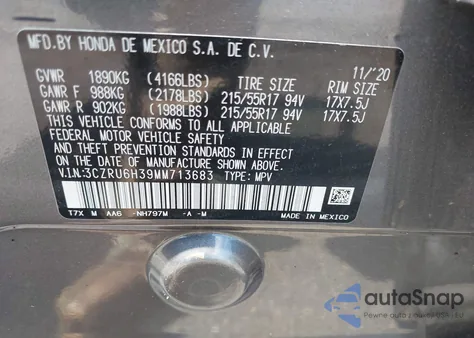 2021 Honda Hr-V Awd Lx from USA, damaged, VIN 3CZRU6H39MM713683